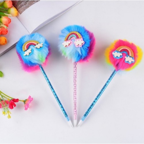stylo fluffy rainbow multicolore pen pompon arc en ciel papeterie tahiti fenua shopping