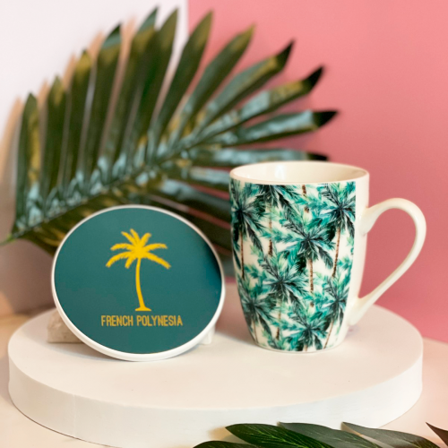 coffret tasse sous verre mug vaisselle tropic tropical palm polynesie local tahiti fenua shopping