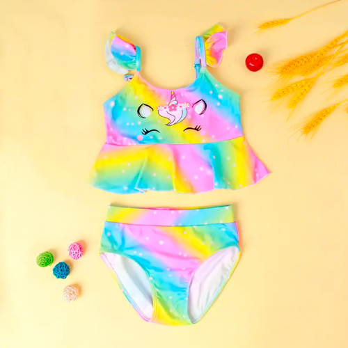 maillot licorne 2 pieces swimwear swimsuit rainbow color unicorn kids enfant plage beach pool tahiti fenua shopping