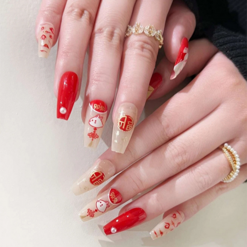 set 24 faux ongles long pour manucure nouvel an chinois