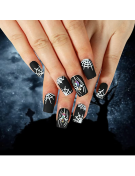 set 24 faux ongles longs sorcière manucure sang araignée spider halloween fenua shopping