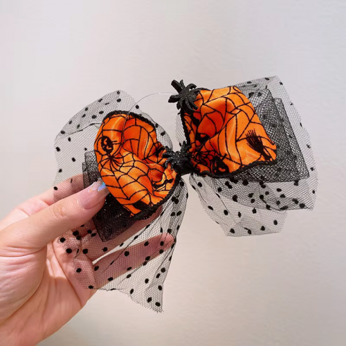 barrette nœud tulle halloween kids enfant accessoire cheveux orange citrouille toile araignée chauve souris