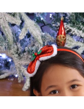 serre tete noel houx noeux Serre-tête de Noël avec nœud paillette enfant fille rouge glitters