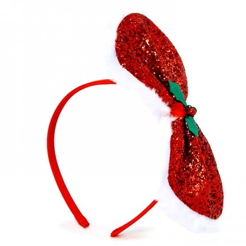 serre tete noel houx noeux Serre-tête de Noël avec nœud paillette enfant fille rouge glitters