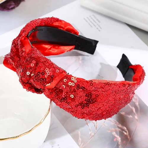 serre-tête bandeau sequin rouge brillant noeud en maille scintillant pour noel fenua shopping