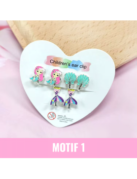 set 3 boucles clip kids enfant sirène licorne couronne arc en ciel diamant coloré fun tahiti fenua shopping