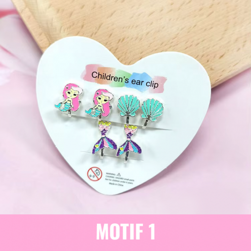 set 3 boucles clip kids enfant sirène licorne couronne arc en ciel diamant coloré fun tahiti fenua shopping