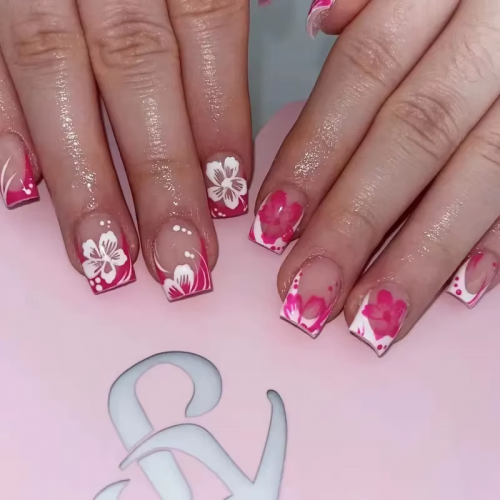 set faux ongles pink hibiscus rose tropical élégant femme tahiti fenua shopping