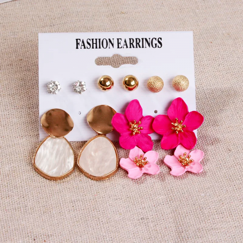 set 6 boucles pink flower élégant rose soirée fleurs gold doré femme enfant tahiti fenua shopping oreille