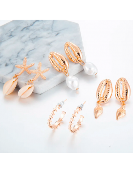 set 4 boucles shell coquillages gold doré tendance plage été femme enfant girl oreilles percées visage tahiti fenua shopping