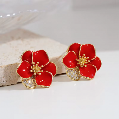 boucles flower nouvel an chinois fleur cerisier asiatique rouge doré gold élégant femme oreille percée tahiti fenua shopping