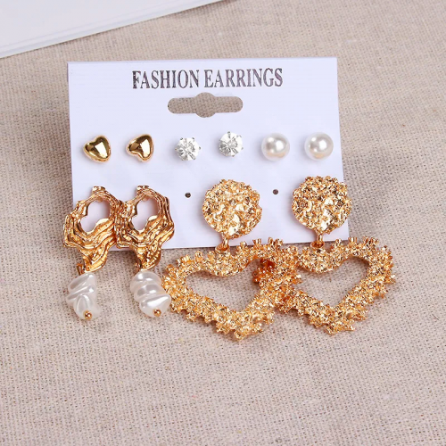 set 6 boucles pearl heart coeur doré gold accessoire oreilles percées femme élégance tahiti fenua shopping