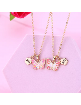 set 2 colliers BFF papillon amitié meilleur amie tendance copine rose pink bijoux kids fille tahiti fenua shopping