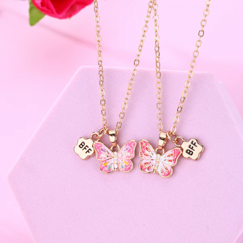 set 2 colliers BFF papillon amitié meilleur amie tendance copine rose pink bijoux kids fille tahiti fenua shopping