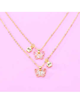 set 2 colliers BFF papillon amitié meilleur amie tendance copine rose pink bijoux kids fille tahiti fenua shopping