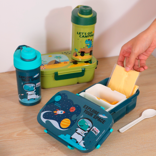 set lunch + gourde fun kids enfant vaisselle repas ecole sortie licorne dino astronaute mermaid tahiti fenua shopping