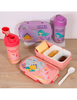 set lunch + gourde fun kids enfant vaisselle repas ecole sortie licorne dino astronaute mermaid tahiti fenua shopping