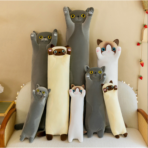 peluche cat kawaii 130cm gris beige adulte enfant coussin longueur doux lit chambre déco tahiti fenua shopping