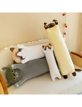 peluche cat kawaii 130cm gris beige adulte enfant coussin longueur doux lit chambre déco tahiti fenua shopping