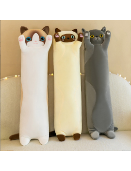 peluche cat kawaii 130cm gris beige adulte enfant coussin longueur doux lit chambre déco tahiti fenua shopping