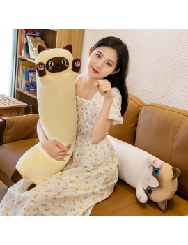 peluche cat kawaii 130cm gris beige adulte enfant coussin longueur doux lit chambre déco tahiti fenua shopping