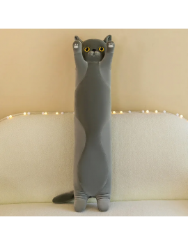 peluche cat kawaii 130cm gris beige adulte enfant coussin longueur doux lit chambre déco tahiti fenua shopping