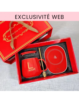 tasse céramique avec plaque chauffante usb cuillère et couvercle rouge