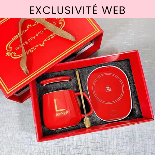 tasse céramique avec plaque chauffante usb cuillère et couvercle rouge