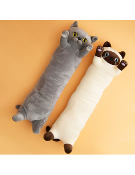 peluche cat kawaii 130cm gris beige adulte enfant coussin longueur doux lit chambre déco tahiti fenua shopping