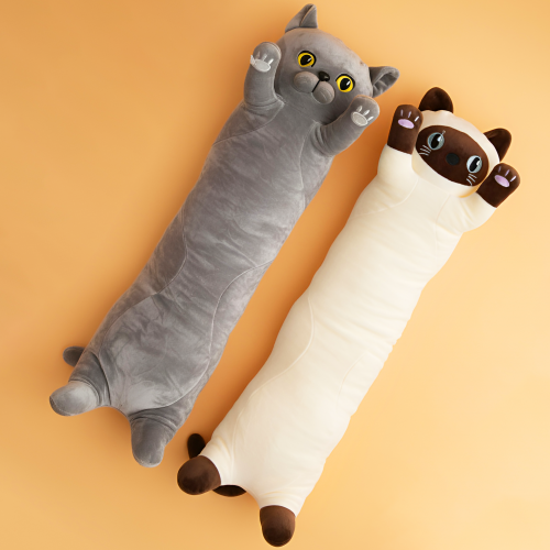 peluche cat kawaii 130cm gris beige adulte enfant coussin longueur doux lit chambre déco tahiti fenua shopping