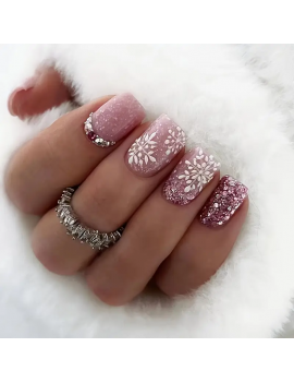 set 24 faux ongles flocon pink glitters fake nails christmas snow tahiti fenua shopping