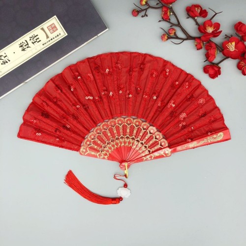 eventail red gold chinois asiatique mini ventilateur pliable soie pliant rouge doré tahiti fenua shopping