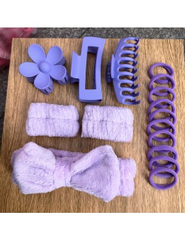 set 6 accessoires cheveux + poignets éponges beaute rose mauve pink violet purple beauty tahiti fenua shopping