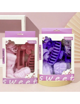 set 6 accessoires cheveux + poignets éponges beaute rose mauve pink violet purple beauty tahiti fenua shopping