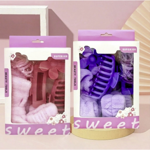 set 6 accessoires cheveux + poignets éponges beaute rose mauve pink violet purple beauty tahiti fenua shopping