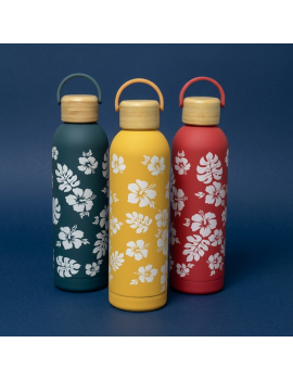bouteille 750ml rubber hibiscus wood bois isotherme acier inoxydable flower tropical vaisselle gourde tahiti fenua shopping