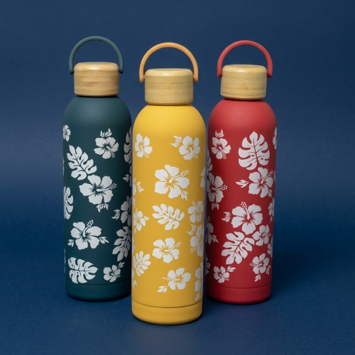 bouteille 750ml rubber hibiscus wood bois isotherme acier inoxydable flower tropical vaisselle gourde tahiti fenua shopping