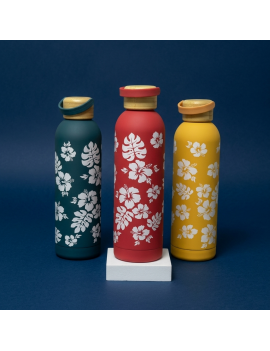 bouteille 750ml rubber hibiscus wood bois isotherme acier inoxydable flower tropical vaisselle gourde tahiti fenua shopping