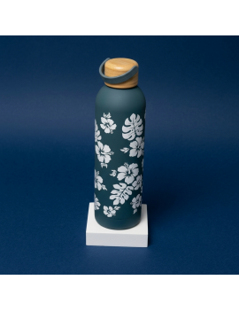 bouteille 750ml rubber hibiscus wood bois isotherme acier inoxydable flower tropical vaisselle gourde tahiti fenua shopping