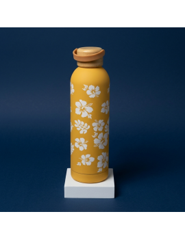 bouteille 750ml rubber hibiscus wood bois isotherme acier inoxydable flower tropical vaisselle gourde tahiti fenua shopping
