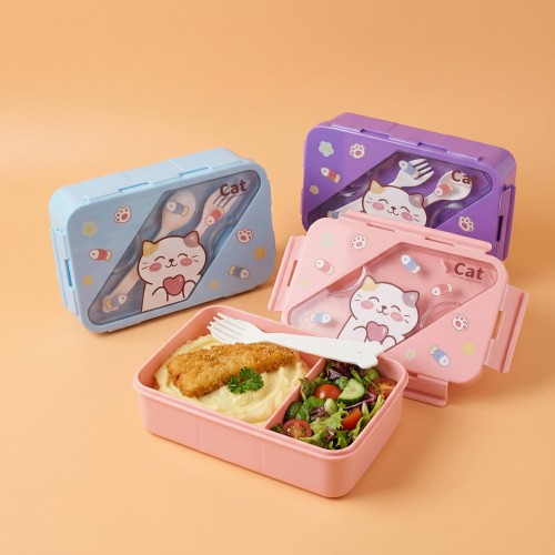 lunch box + couverts cat kawaii 21.8cm boite repas dejeuner enfant vaisselle tahiti fenua shopping