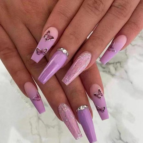 set faux ongles longs purple butterfly nails manucure papillon mauve violet purple accessoire beaute main tahiti fenua shopping