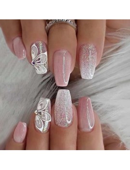 set 24 faux ongles longs glitters flower fleur sparkle paillettes accessoire manucure beaute tahiti fenua shopping
