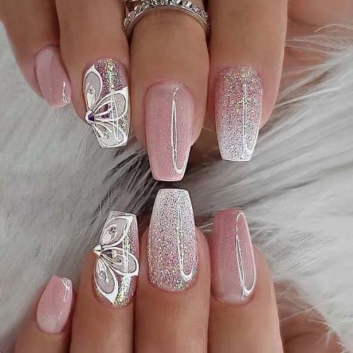 set 24 faux ongles longs glitters flower fleur sparkle paillettes accessoire manucure beaute tahiti fenua shopping