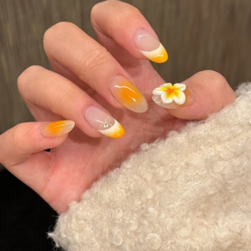 set faux ongles longs orange tipanier nails art manucure tropical tropic accessoire main tahiti fenua shopping