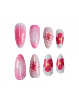 set faux ongles longs pink hibiscus nails art manucure tropical tropic accessoire main tahiti fenua shopping