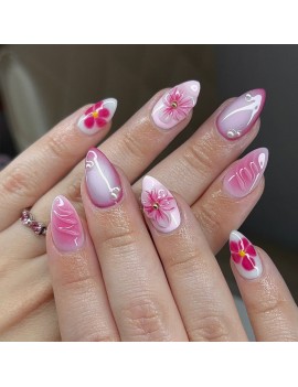 set faux ongles longs pink hibiscus nails art manucure tropical tropic accessoire main tahiti fenua shopping