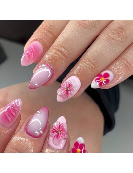 set faux ongles longs pink hibiscus nails art manucure tropical tropic accessoire main tahiti fenua shopping