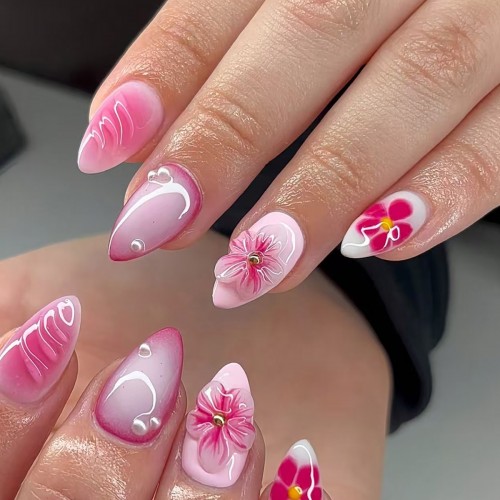 set faux ongles longs pink hibiscus nails art manucure tropical tropic accessoire main tahiti fenua shopping