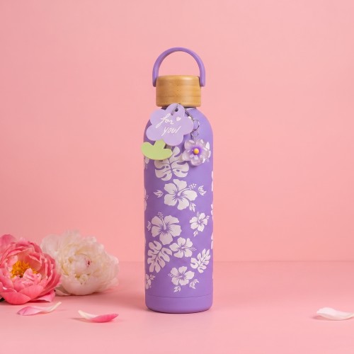 pack bouteille + porte cles hisbiscus gourde isotherme acier inoxydable vaisselle tahiti fenua shopping